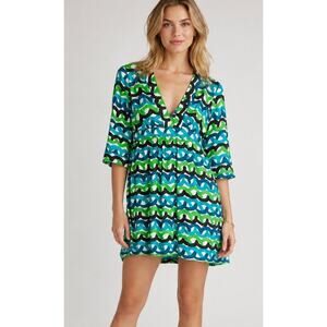Vintage Milly Y2K V Neck Mini Dress Sz 4 100% Silk Lined Blue Green Chain Print